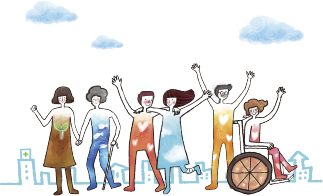 건강동행(병원동행) - 사람들(청년, 중장년, 어르신)이 모두 손을 흔들고 있는 이미지 